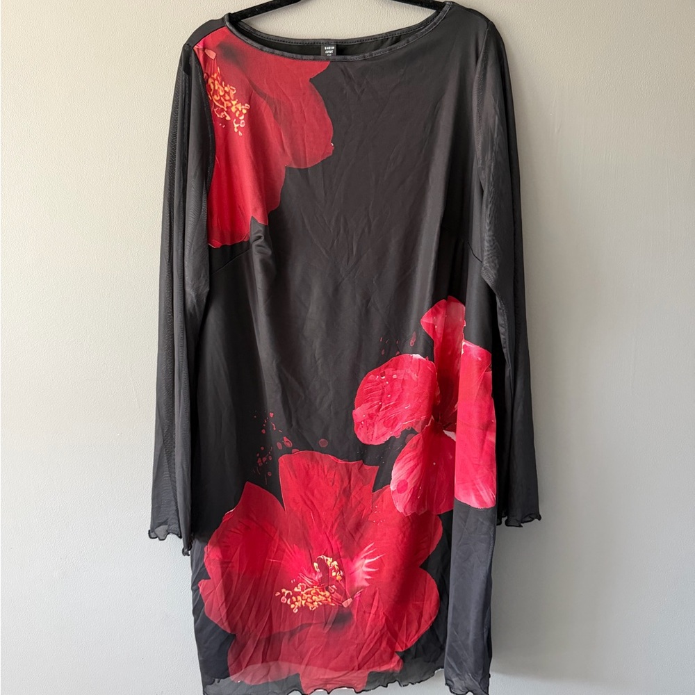 SHEIN Black Dress with Bold Red Floral Design